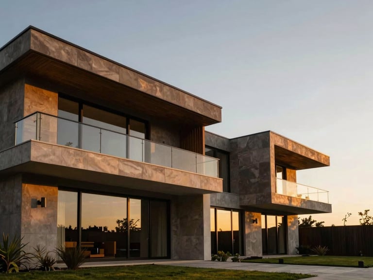 Modern luxury villa exterior at golden hour, wide shot, expansive sky, warm light, no people, high asset value, Estado de México architectural style.