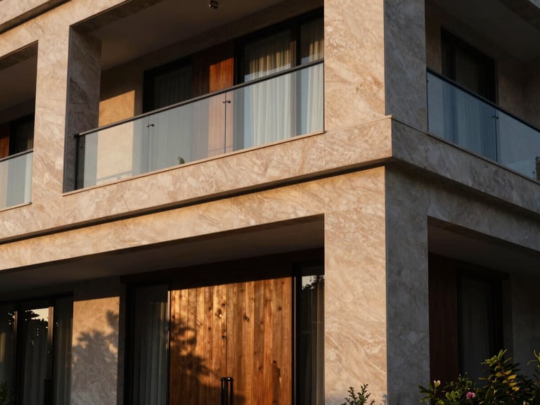 Detalle de una fachada de residencia de lujo moderna, con líneas limpias, materiales nobles como piedra y madera, y una iluminación sutil que resalta la arquitectura.