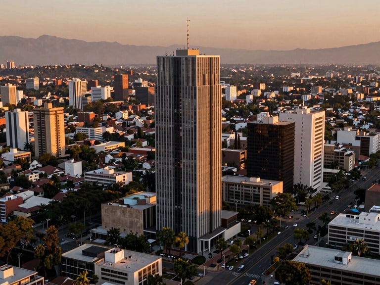 Vista panorámica aérea de Atizapán de Zaragoza al atardecer, mostrando urbanizaciones de lujo y áreas verdes, con una atmósfera de calma y desarrollo.