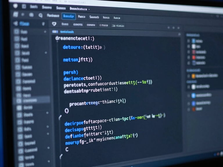 Macro photo of clean, structured code on a dark IDE monitor, cool blue ambient light, sharp focus, high-contrast studio lighting