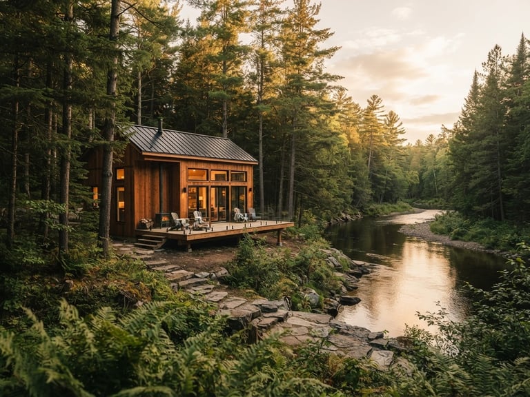 Wide-angle architectural exterior of a modern cedar cabin integrated into a dense pine forest along a quiet river bend, soft golden-hour light, warm editorial photography, 35mm
