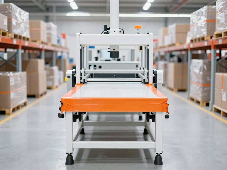 Straight-on shot of a clean industrial warehouse packing station with safety-orange tape, organized boxes, and bright high-key lighting, 35mm