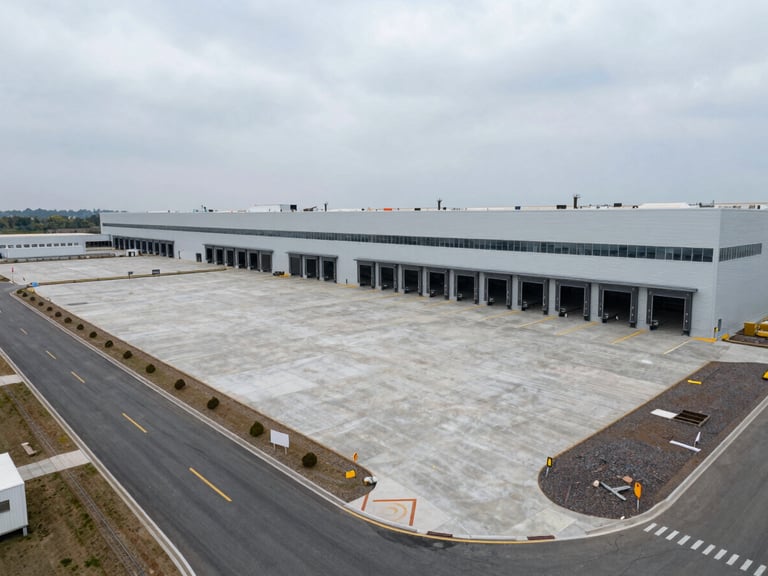 Wide-angle view of a completed automotive logistics facility, large reinforced concrete floor and loading bays visible, overcast daylight, heavy-duty access roads and site markings in foreground, no people, documentary industrial site photography