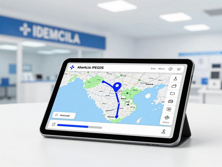 Rastreador GPS en una pantalla de tableta mostrando una ruta de entrega en un mapa nacional, con un fondo borroso de un almacén médico moderno, luz fría y neutra.