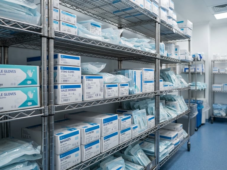Clinical medical photography of sterile hospital supply room, steel shelves with organized medical boxes, bright clinical studio lighting, blue tones