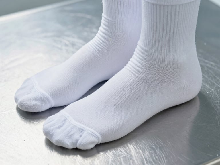 Primer plano de un par de medias de compresión blancas, la textura de la tela es visible, sobre una superficie estéril de acero inoxidable, con luz de estudio brillante y enfoque nítido.