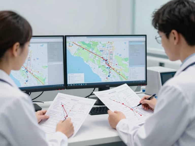 Dos profesionales de logística médica revisando planos de rutas en una oficina limpia, con monitores mostrando mapas y datos, en un ambiente clínico moderno con tonos fríos.