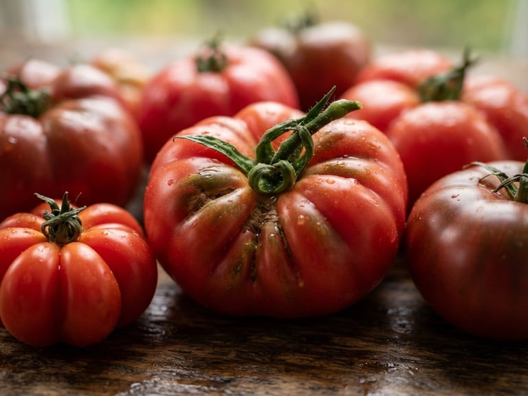 Tight macro shot of fresh heirloom tomatoes on a wooden prep table, soft scandinavian natural light, rich crimson tones, shallow depth of field, 35mm