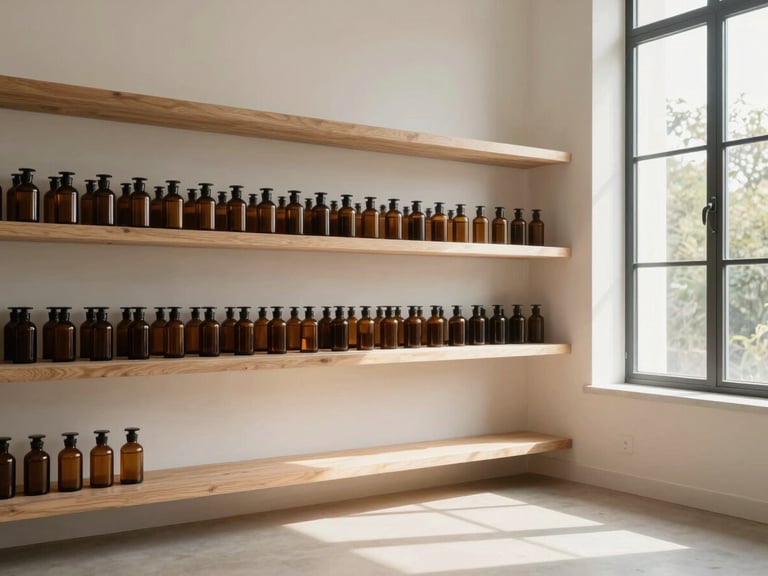 Wide, calm environmental shot of a minimalist botanical consultation space, clean wooden shelves with amber apothecary bottles, soft natural light streaming from a window on the right.