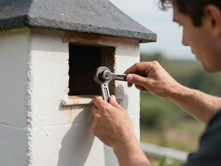 Gros plan technique sur un artisan couvreur ajustant un raccord de zinguerie complexe autour d'une cheminée, gestes précis, outils traditionnels, lumière naturelle du jour.