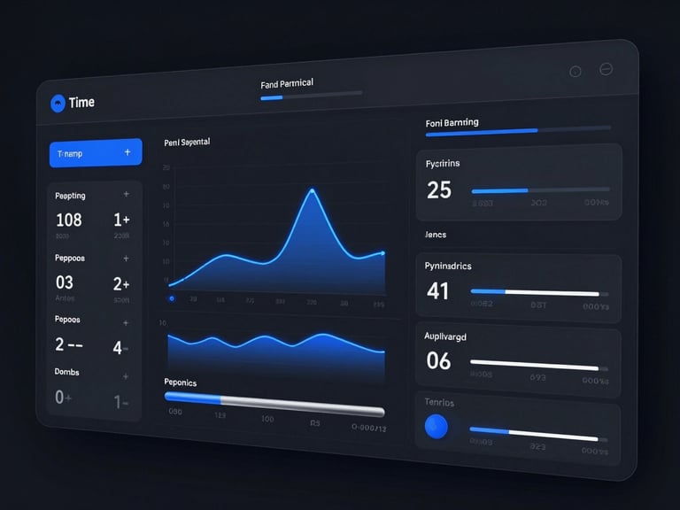 A clean dark-mode user interface mockup displaying real-time data flow, electric blue and silver accents, low-key futuristic lighting.