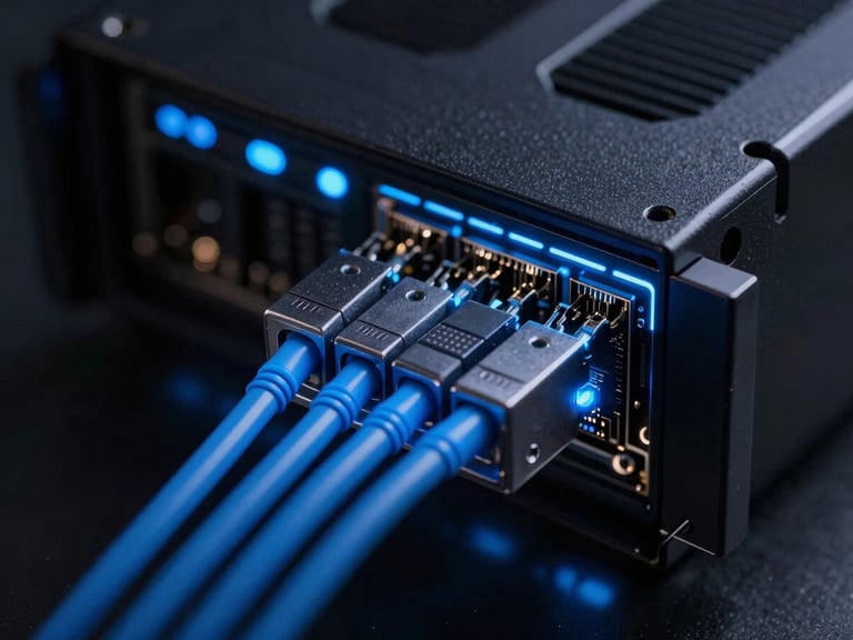 Macro close-up of a sleek black server node with glowing electric blue fiber optic cables, high-contrast studio lighting, cinematic 35mm.