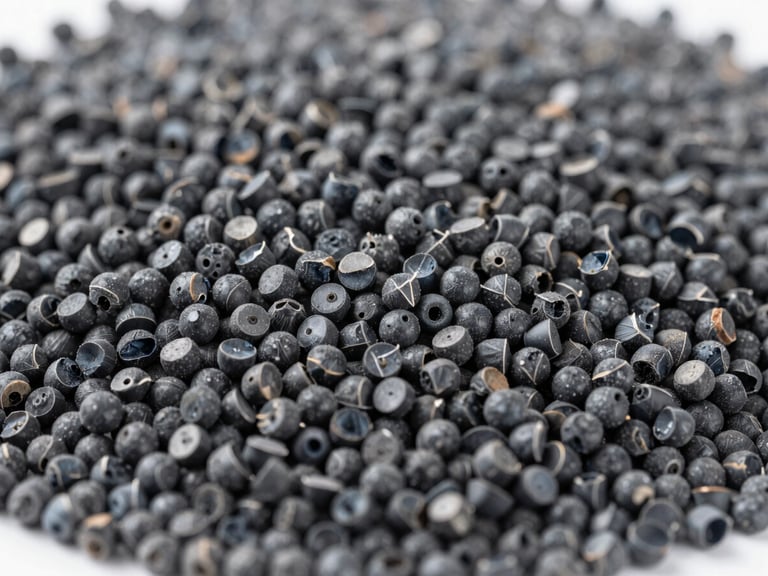 Close-up of perfectly dispersed black masterbatch pellets for blown film, bright industrial light, cool gray tones, macro depth of field