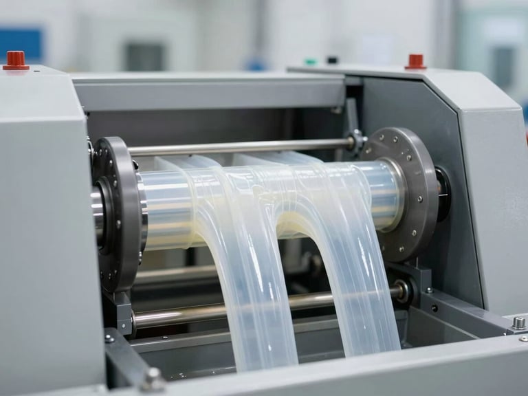 Industrial twin-screw extruder machine in operation, showing molten plastic being processed, clean factory environment, bright neutral lighting