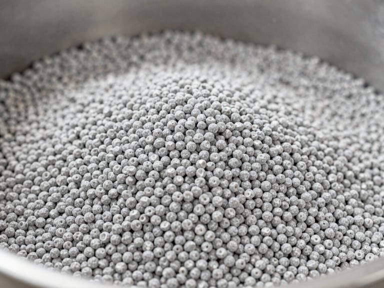Close-up of masterbatch pellets being mixed with raw polymer resin in an industrial blender, bright neutral studio lighting, macro depth of field