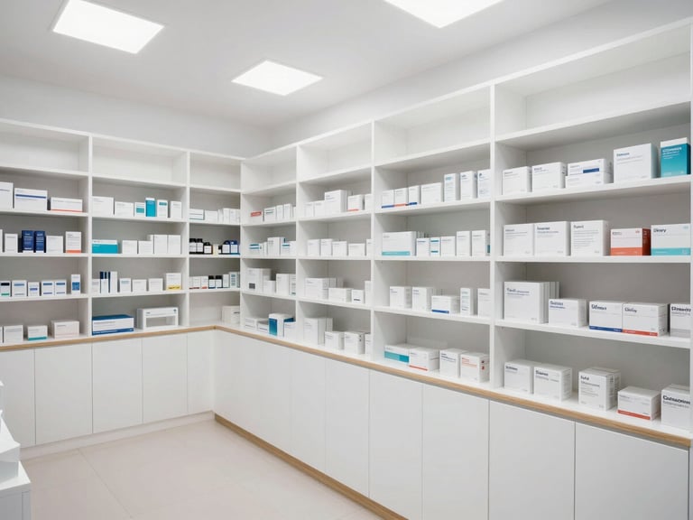 Brightly lit pharmacy interior, organized modular white shelving with timber trim, clean architectural lines, wide perspective