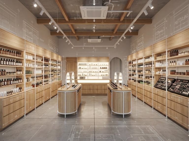 Straight-on architectural render of a modern cosmetic shop layout, bright realistic indoor commercial lighting, technical blueprint lines overlaying warm timber cabinetry, 24mm wide-angle