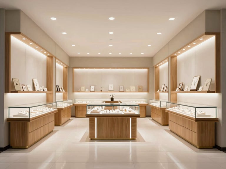 Straight-on architectural view of a luxury jewelry store, custom timber showcases, integrated warm LED lighting, clean floor layout