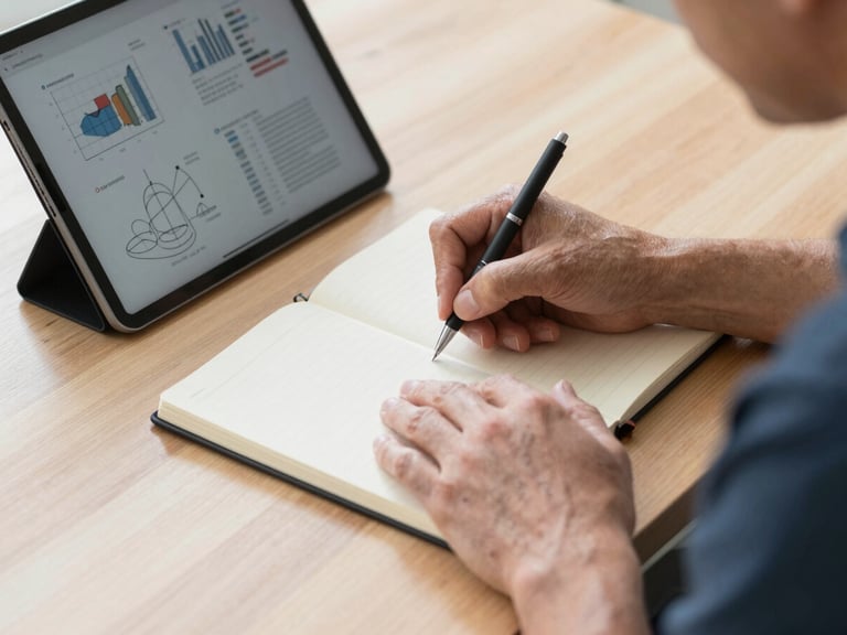 Medium close shot, soft natural daylight with clean shadows. Hands of a mature professional writing in a paper notebook next to a tablet showing research diagrams on a clean wooden desk.