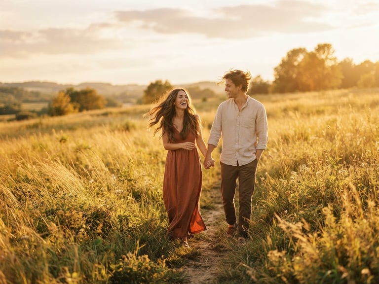 A warm, sun-drenched environmental lifestyle portrait of a couple walking hand-in-hand through a golden meadow, wind-blown hair, backlit by low-angle evening sun, shallow depth of field, 35mm film look.