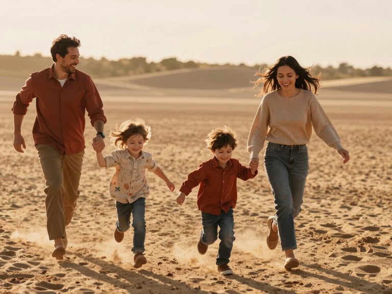 A joyful family of four running through a sandy field, parents laughing, kids wind-blown, warm golden-hour backlighting, shallow depth of field, 35mm film look.