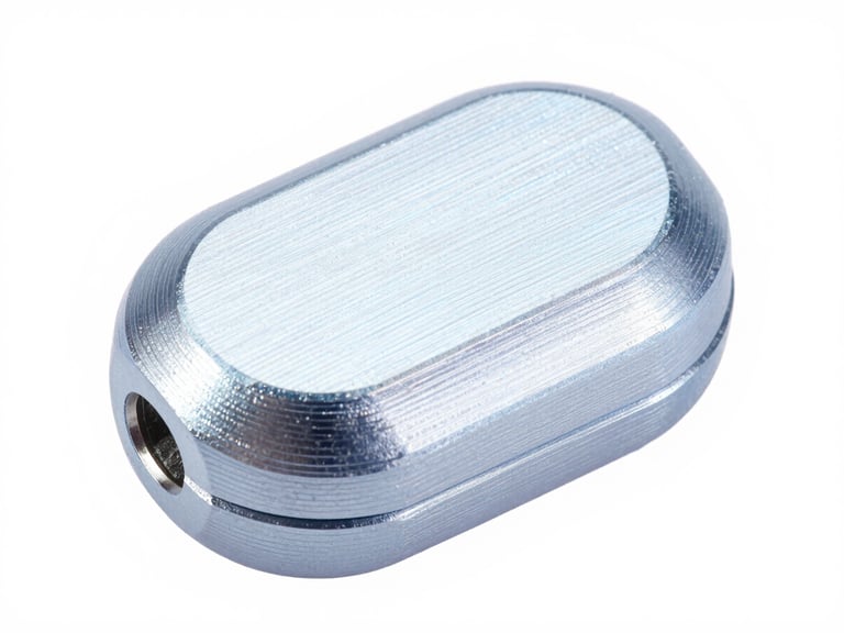 Macro shot of a CNC-machined aluminum earbud housing, bright high-key studio lighting with soft cool-blue ambient bounce and subtle rim highlights, extreme close-up focusing on material textures, clean white backdrop