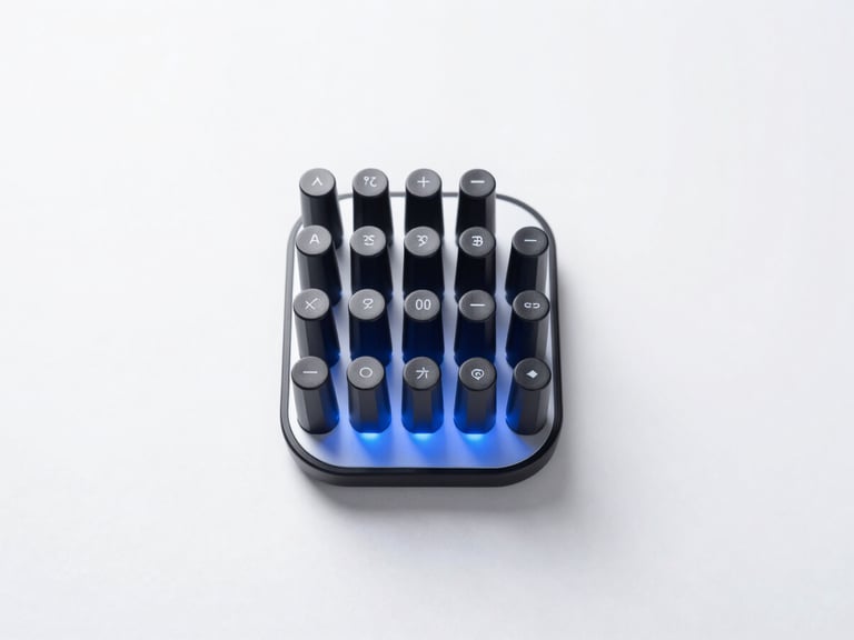 Perfectly centered top-down flat-lay of a tech array featuring a premium weighted charging stand base, bright high-key studio lighting with soft cool-blue ambient bounce, clean white backdrop