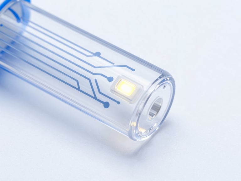 Macro shot of a transparent casing detail showing clean circuit paths and a glowing LED charge indicator, bright high-key studio lighting with soft cool-blue ambient bounce, clean white backdrop