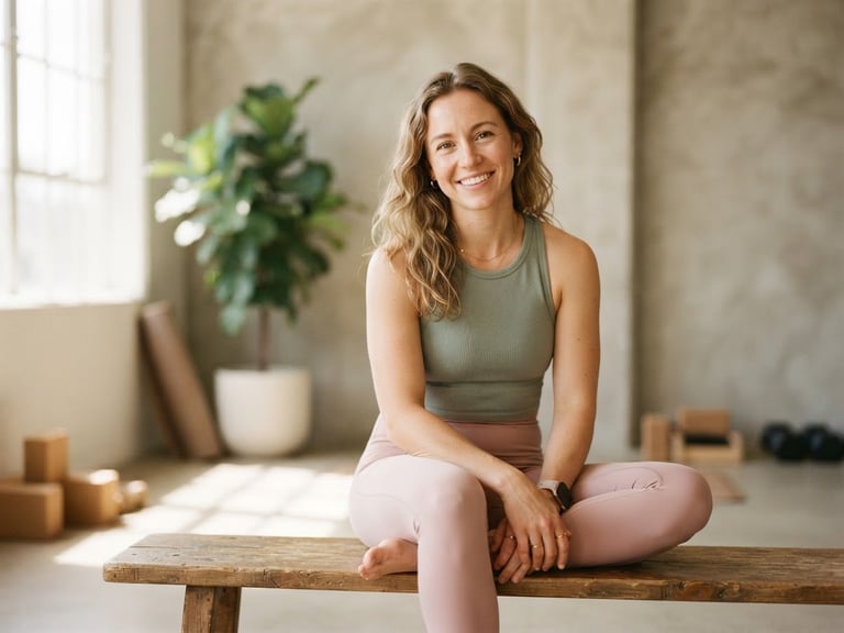 Warm editorial portrait of Amy, a supportive fitness coach, sitting on a wooden bench in a sunlit minimalist studio, soft natural window light, muted blush and sage tones, shallow depth of field, 35mm