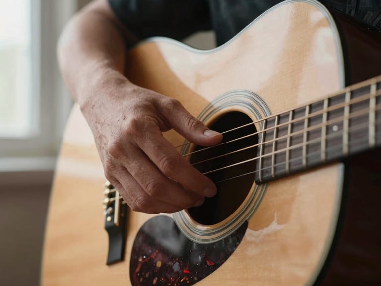 Intimate close-up of fingers pressing down on acoustic guitar frets, warm wood tones, soft side lighting from a nearby window.