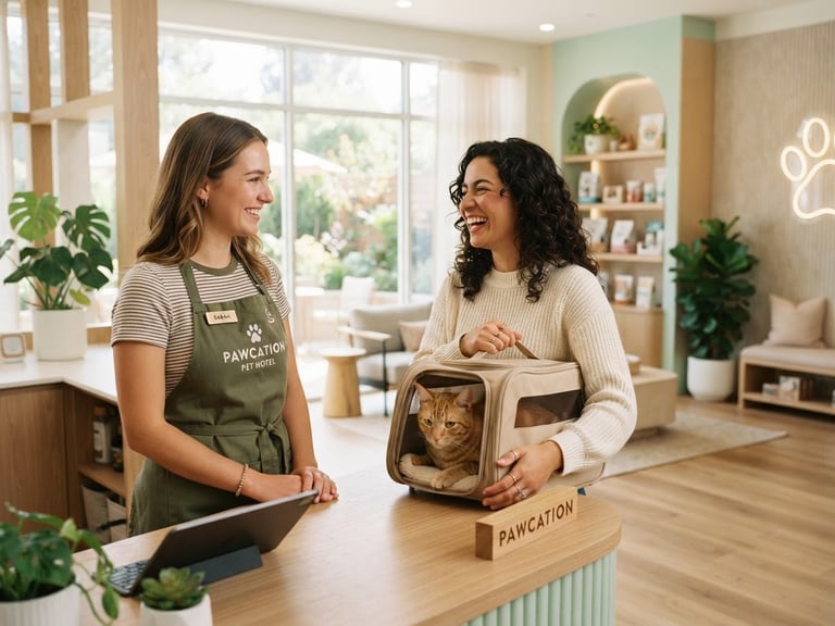 Bright, sunlit interior of Pawcation pet hotel lobby, clean and aesthetic, with a friendly staff member greeting a happy cat owner, soft warm indoor lighting, 35mm