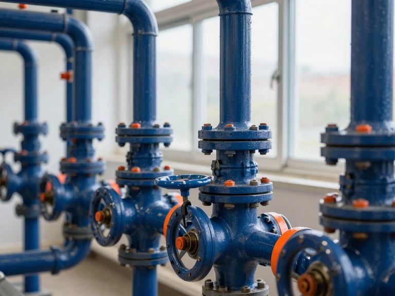 Close-up of complex pipework and valves in a plant room, focus on L8 compliance checks, natural light, crisp details, deep blue and high-visibility orange accents.