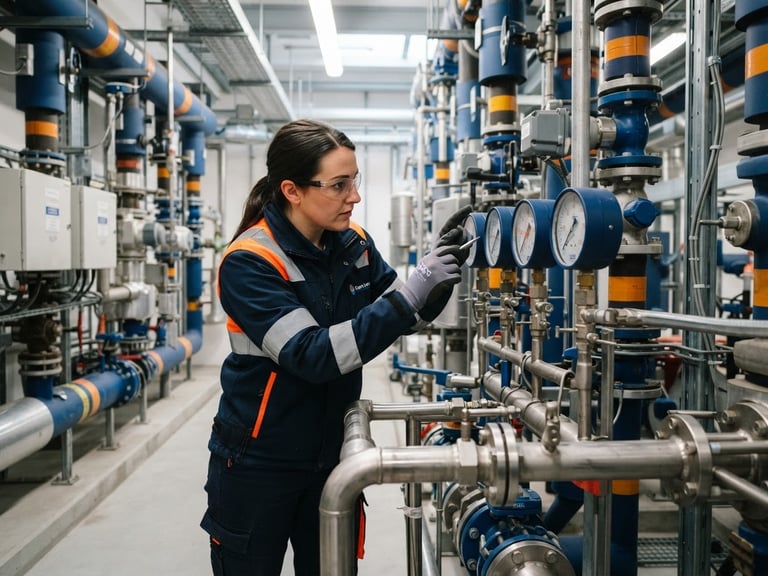Technician inspecting complex industrial pipework in a brightly lit, clean plant room, sharp focus on gauges, deep blue and orange accents, 35mm.