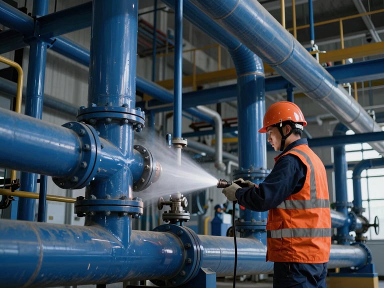 Technician performing industrial gas purging on large pipework in a commercial plant room, sharp industrial light, high contrast, deep blue and high-visibility orange accents.