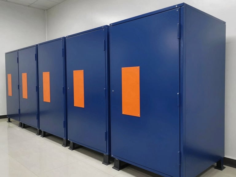 Wide environmental shot of a large, modern plant room with various mechanical units, clean lines, sharp industrial light, deep blue and high-visibility orange accents.