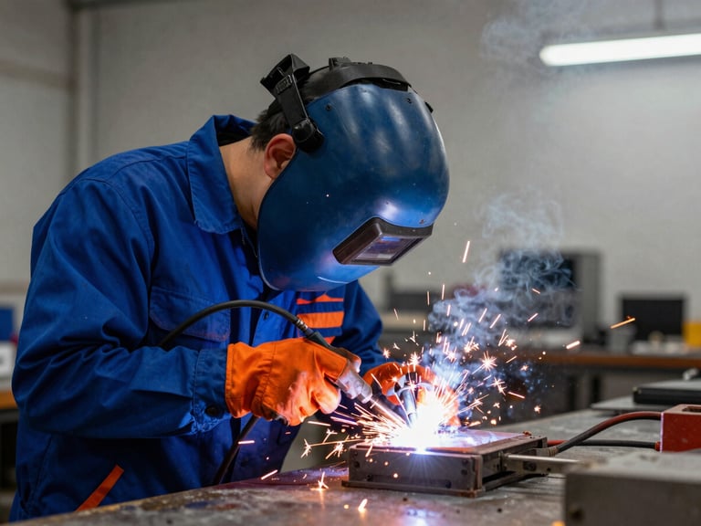 Technician performing off-site welding with visible sparks in a workshop, focus on precision and safety, sharp directional lighting, deep blue and high-visibility orange accents.
