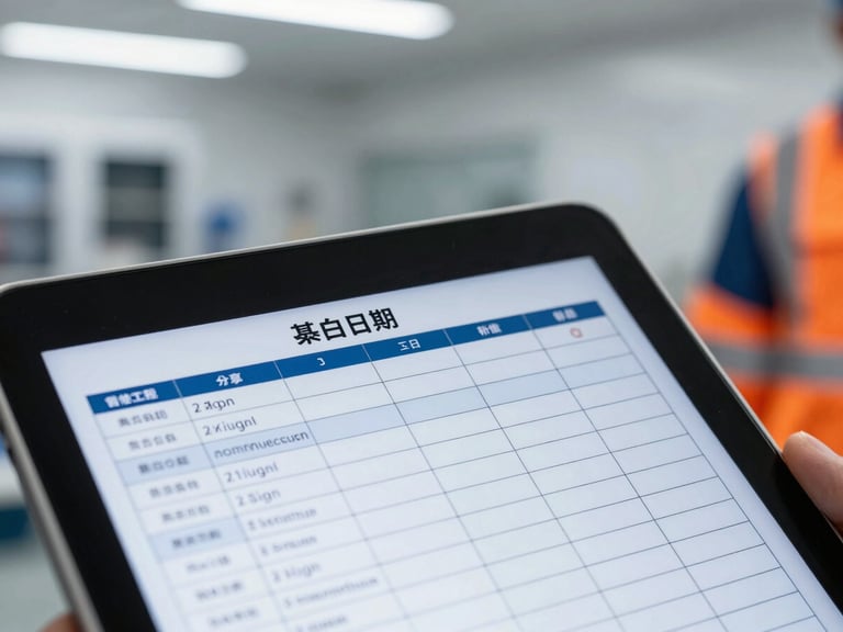 Close-up of a detailed maintenance schedule on a tablet, overlaid on a blurred background of a clean plant room, sharp industrial light, deep blue and high-visibility orange accents.