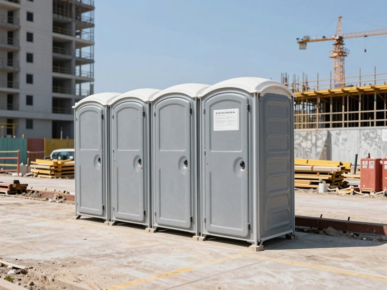 Wide environmental shot of a clean, standard portable restroom unit placed neatly on an active, organized high-rise construction site under bright midday sun.