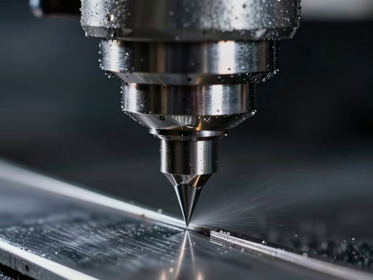 Extreme close-up of a CNC milling head cutting tool steel with coolant spray, sharp highlights reflecting off metallic edges, 35mm