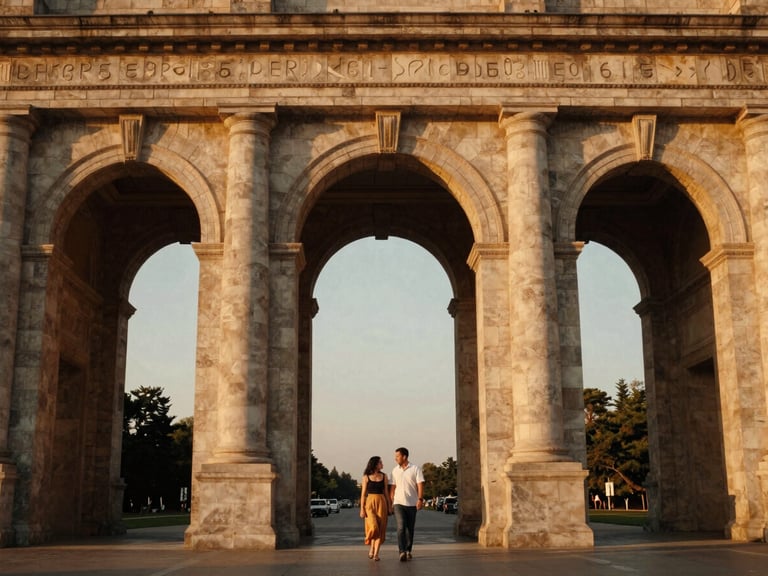 Wide-angle editorial shot of a couple walking through a towering grand stone archway, warm twilight glow, rich saturated tones, 35mm film look