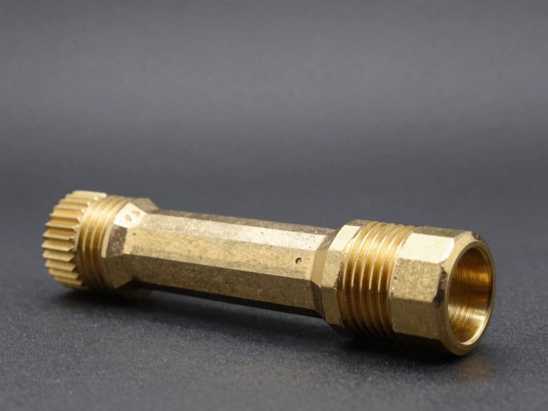 Precise side-profile studio shot of a brass thermowell laying horizontally on a dark neutral surface, overhead diffuse strobe lighting highlighting the machined step, thread start, and bore opening, cool color-neutral background