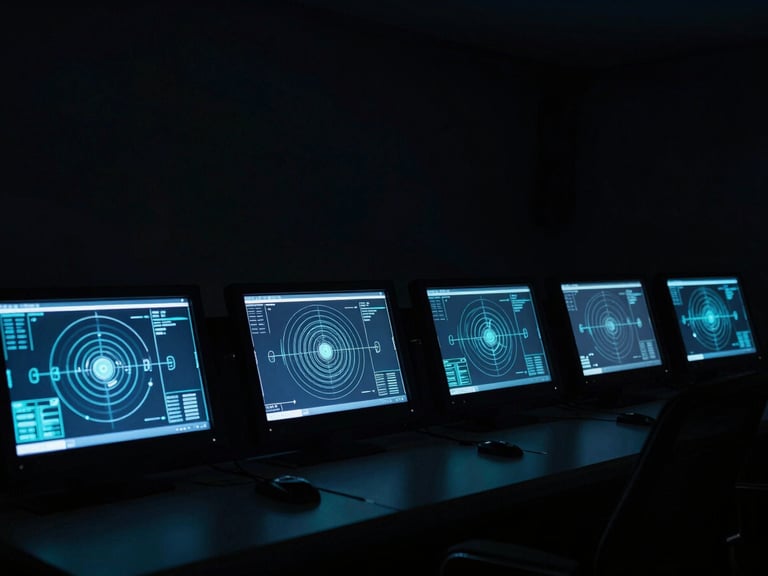 Dark, empty control room illuminated only by a single terminal screen displaying abstract vector schematics, high contrast, heavy shadows, deep slate and cyan tones.