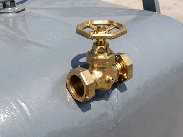 Technical close-up of a heavy-duty brass high-flow valve connection on an Albers Alligator flexible water reservoir, showing the thick grey 1100 g/m² PVC-coated fabric texture under harsh direct daylight.