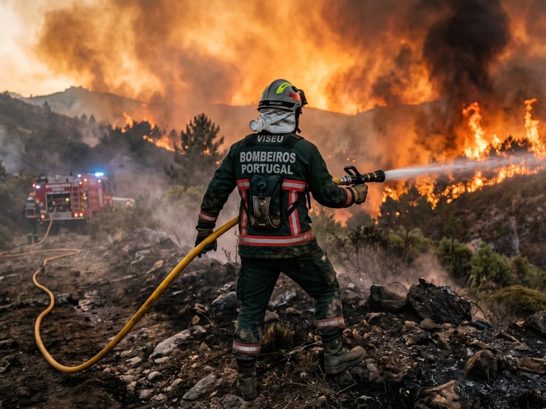 A Portuguese Bombeiros Firefighter tackling Wildfire