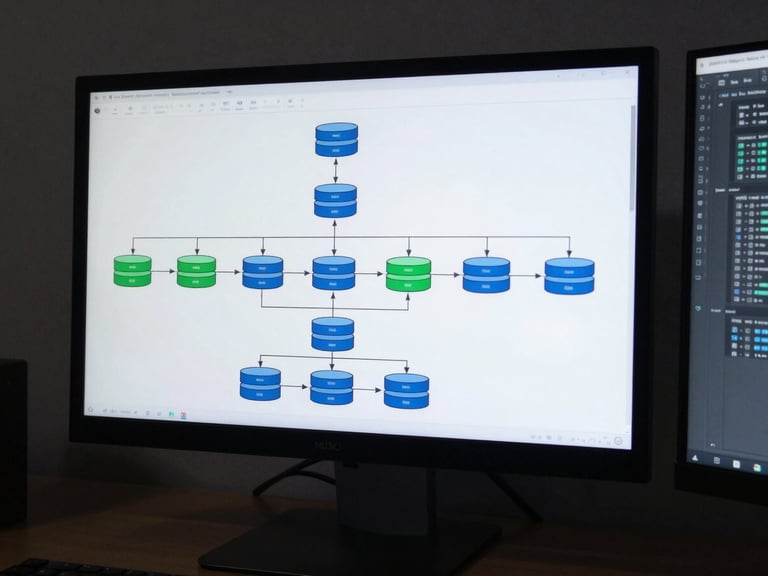 Wide overhead view of a large monitor displaying a system architecture topology diagram with labeled microservice nodes and database connections, cool studio light, secondary terminal window visible at the right edge, precise technical clarity