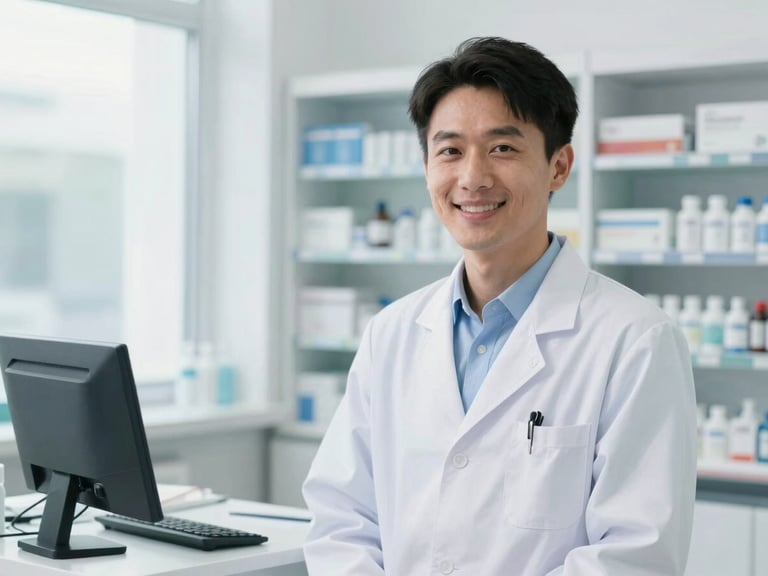 A male pharmacist in a clean, modern pharmacy setting, smiling professionally, soft natural daylight, 35mm