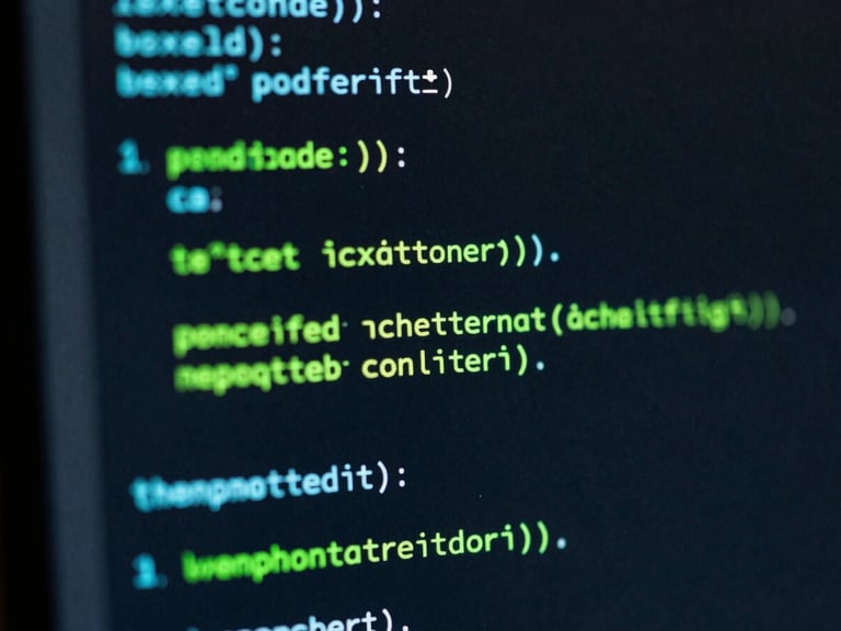 Macro close-up of a dark monitor displaying clean Python code blocks, glowing cyan and neon green syntax highlighting, shallow depth of field.