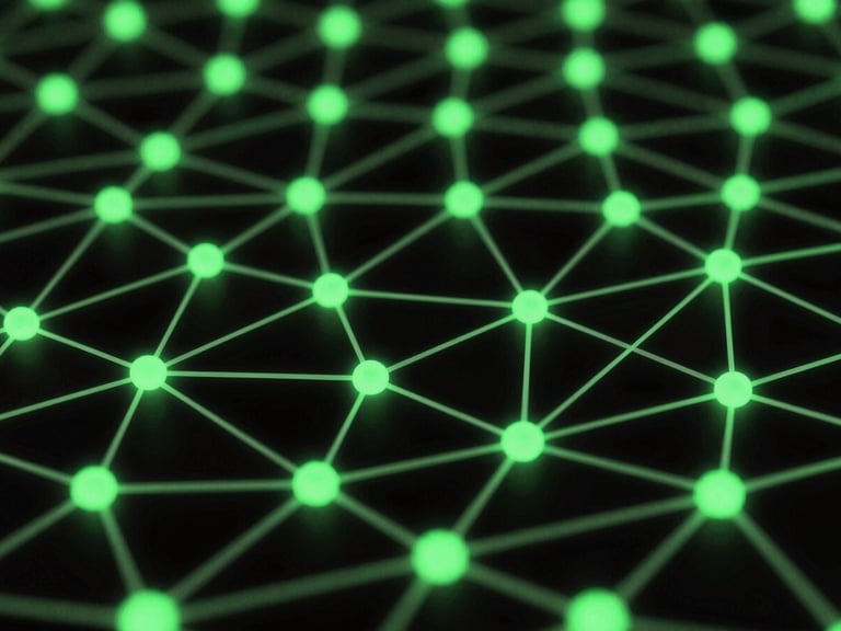 Abstract 3D network graph visualization on a dark screen, glowing neon green nodes, high contrast, shallow depth of field, 35mm.