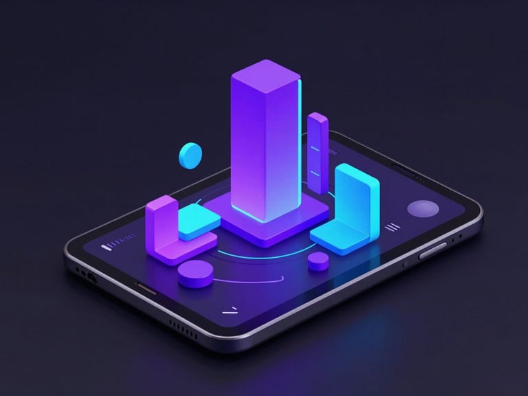 Sleek 3D digital render of a tactile educational tablet interface, dark device mockup with vibrant purple and cyan neon geometry, isometric view