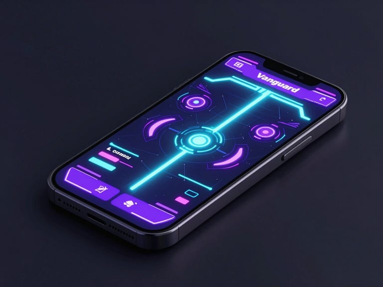 Sleek 3D digital render of Neon Vanguard game interface, dark smartphone mockup with glowing cyan neon laser effects, dynamic over-the-shoulder perspective